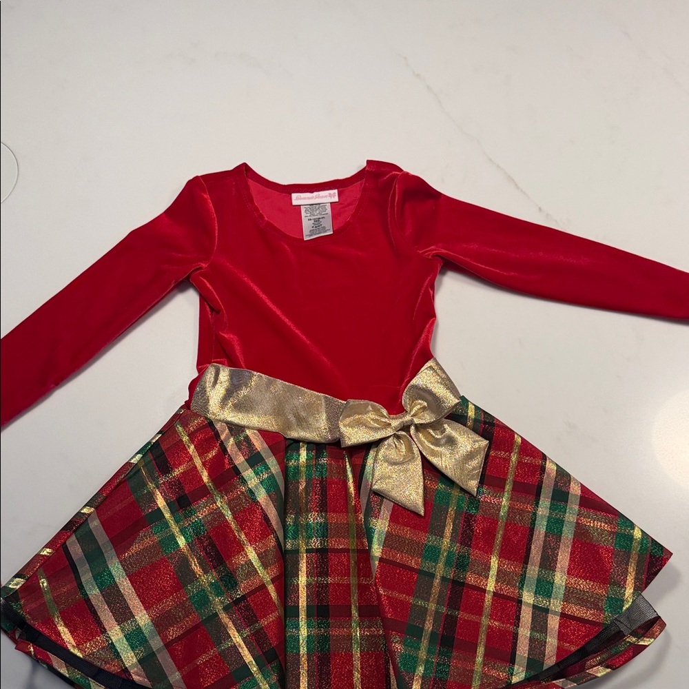 Bonnie Jean Red Velvet & Plaid Dress with Gold Bow 4T